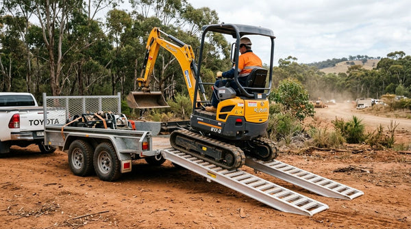 Mini excavator driving up a pair of aluminium loading ramps onto a trailer