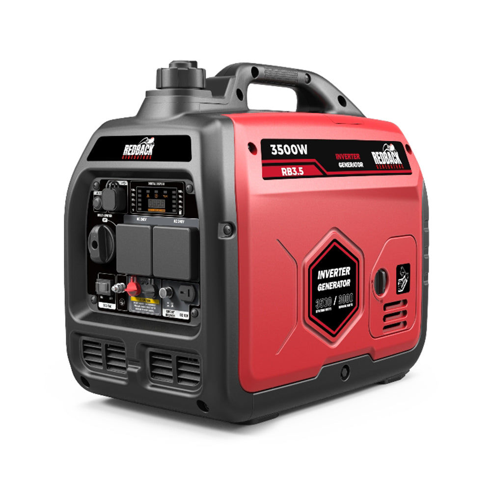 RB3.5 3500W caravan generator side profile showing control panel and recoil start
