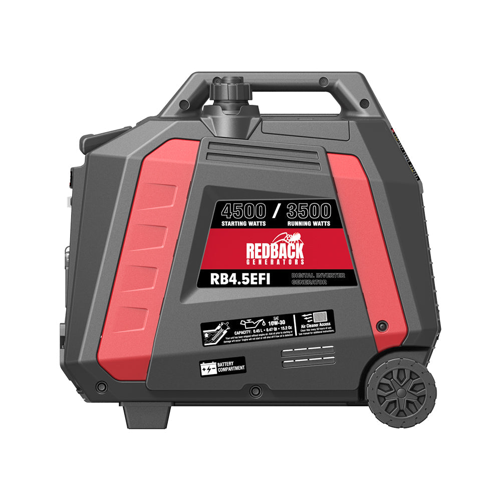 Redback RB4.5 caravan generator showing 5.5L fuel tank and ergonomic handle