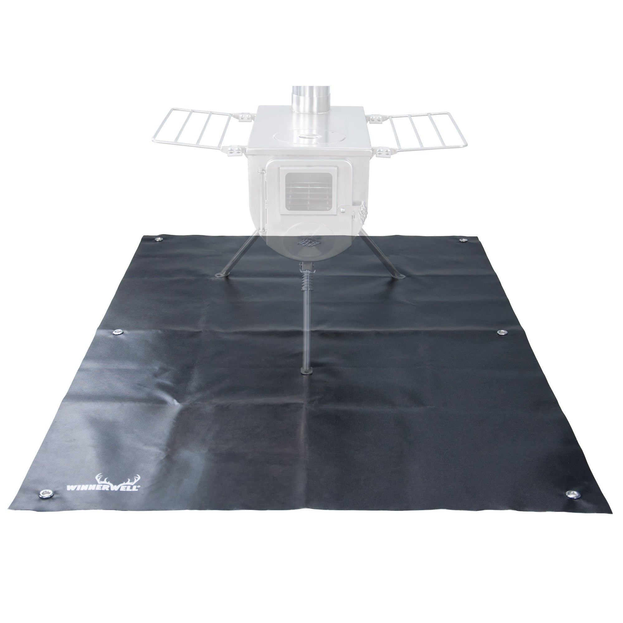 Winnerwell fireproof mat laid flat under camping tent stove for ground protection