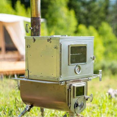 Winnerwell Fastfold camping oven assembled showing stainless steel body and door handle