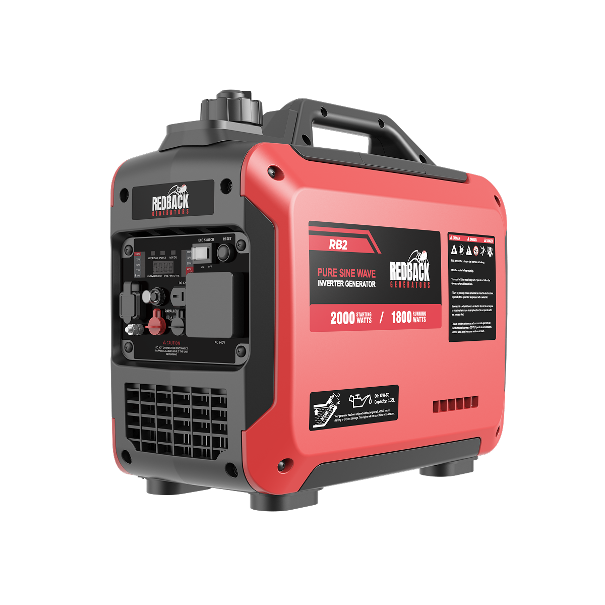 RB2 2kVA inverter generator side view showing control panel switches and power outlets
