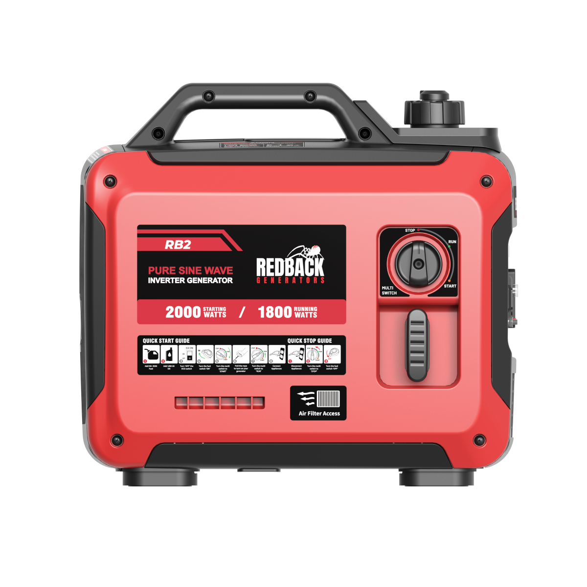 Redback RB2 2000W camping generator control panel with quick start guide and power dial