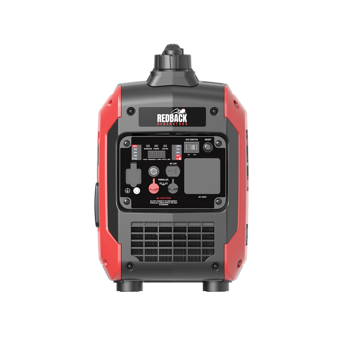 Redback RB2 front panel with indicator lights 15A outlet and circuit breaker