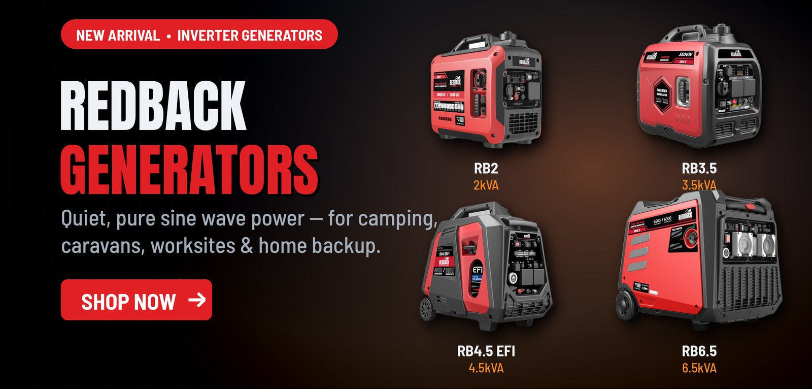 Advertisement for Redback generators with product names and specifications on a dark background.