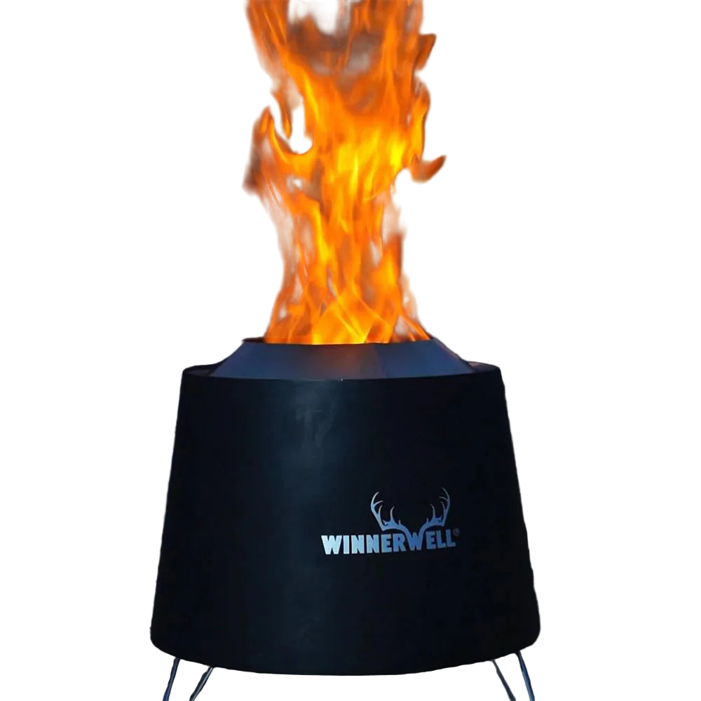 winnerwell vortex smokeless Black fire pit with flames and 'WinnerWell' logo at night