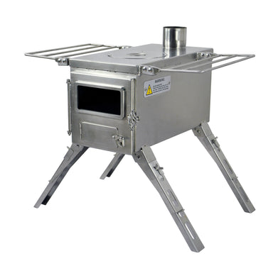 Camping stove extension legs installed on Winnerwell Nomad raising stove to comfortable height