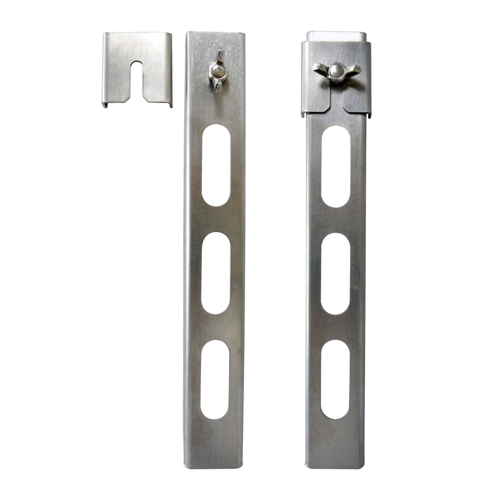 Stove height extension legs close-up showing AISI 304 stainless steel construction and locking mechanism