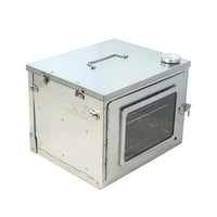 Portable camping oven stainless steel side profile showing compact foldable design