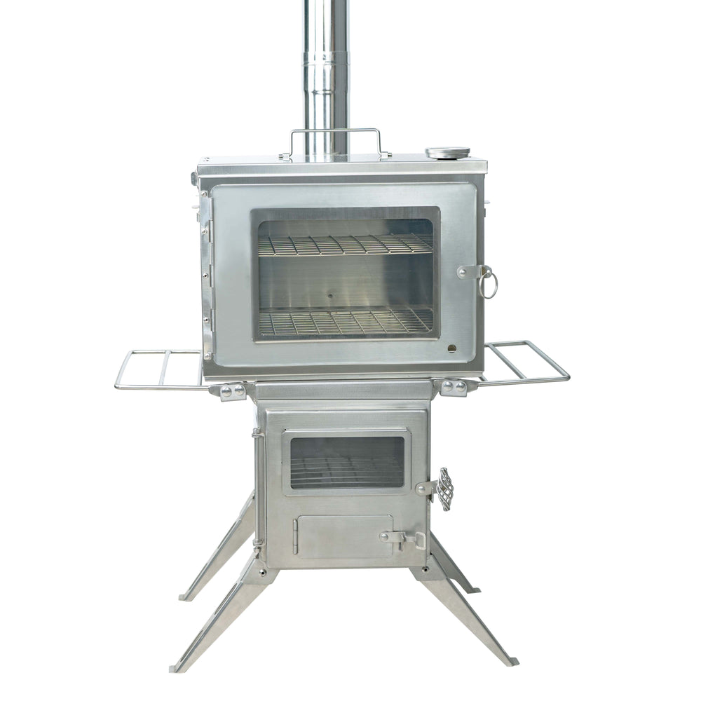 Camp oven mounted on Winnerwell wood burning stove ready for outdoor baking