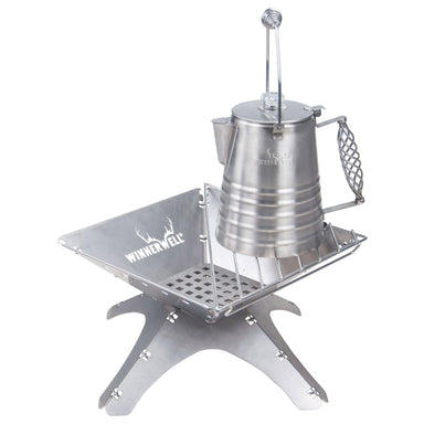 Winnerwell stainless steel camping coffee percolator in use on an outdoor fire pit