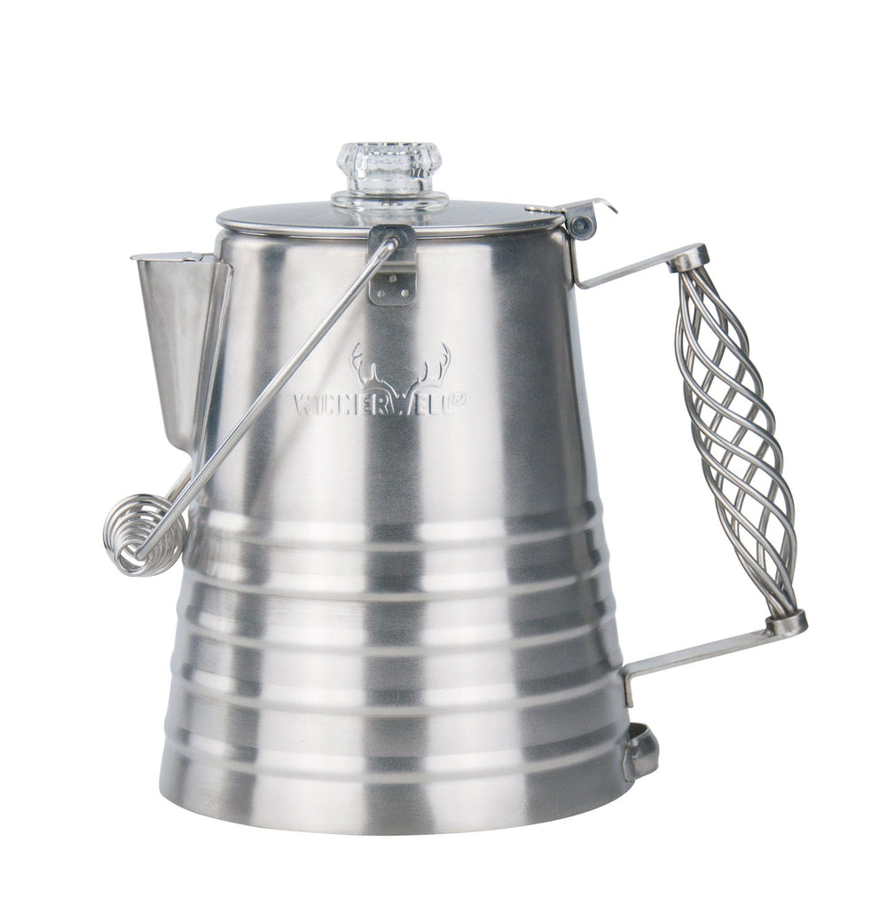 Side view of Winnerwell camping coffee percolator showing handle and spout design