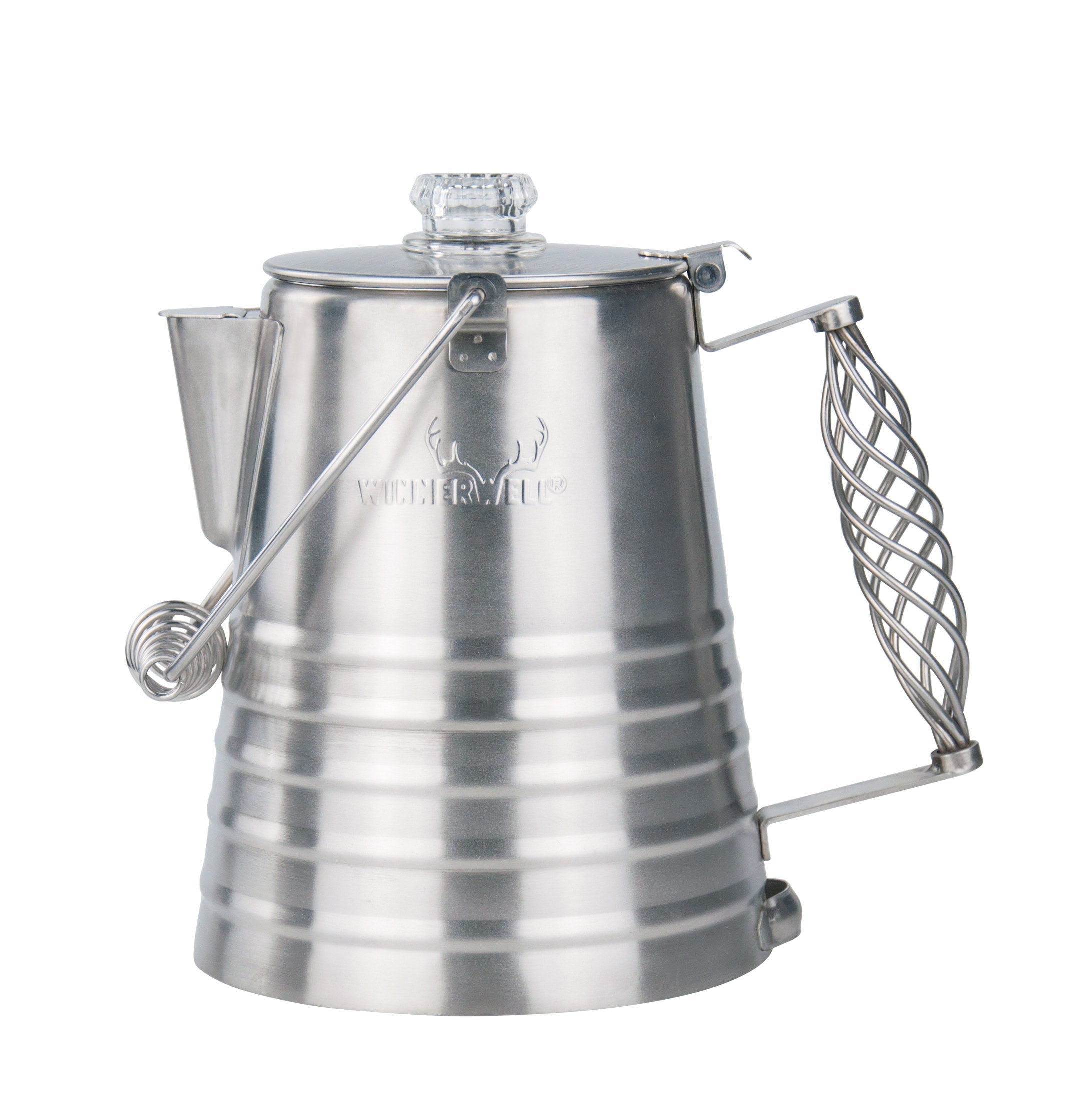 Side view of Winnerwell camping coffee percolator showing handle and spout design
