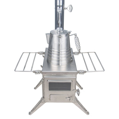 Winnerwell stainless percolator coffee pot brewing over a camp stove during a camping trip