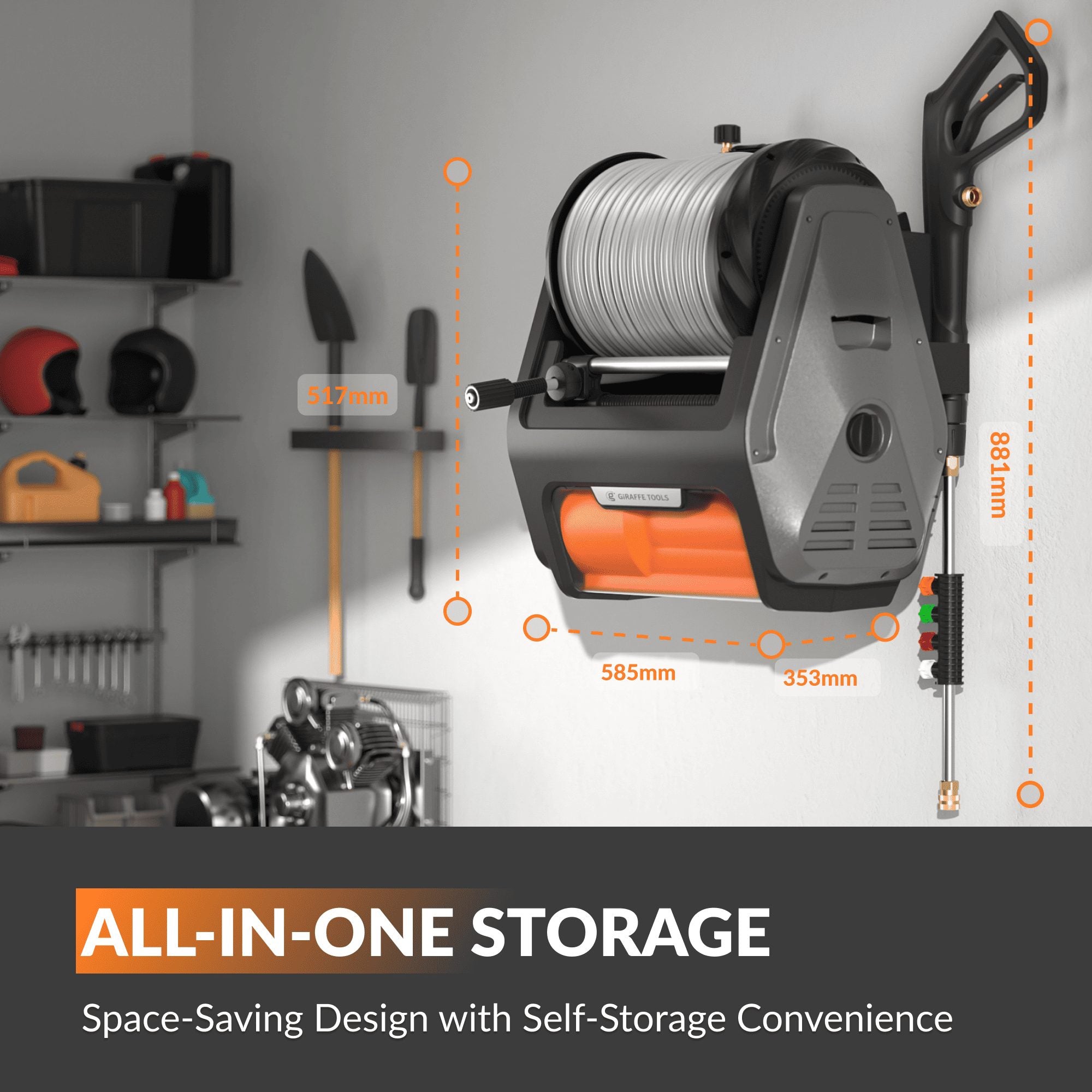 Grandfalls Pro pressure washer wall-mounted storage
