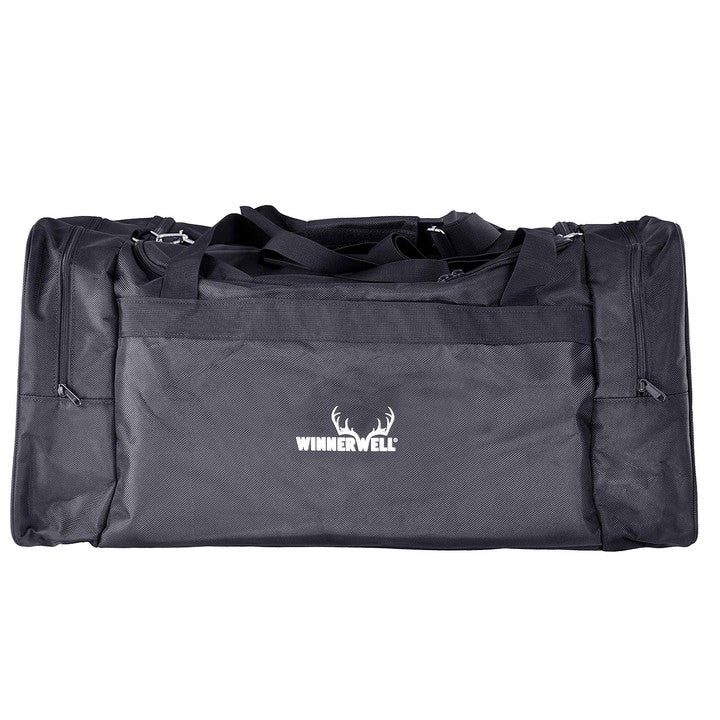 Winnerwell stove carrying bag packed with camping stove and chimney pipe accessories