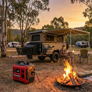 Person sitting by a campfire next to a generator with a camper van in the background.