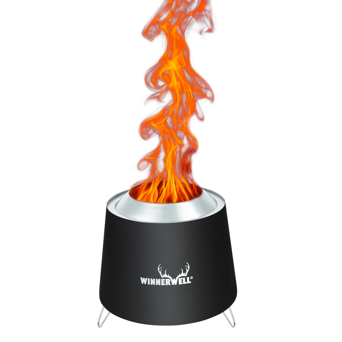 Black smokeless winnerwell fire pit with flames on a white background, featuring the Winnerwell brand.