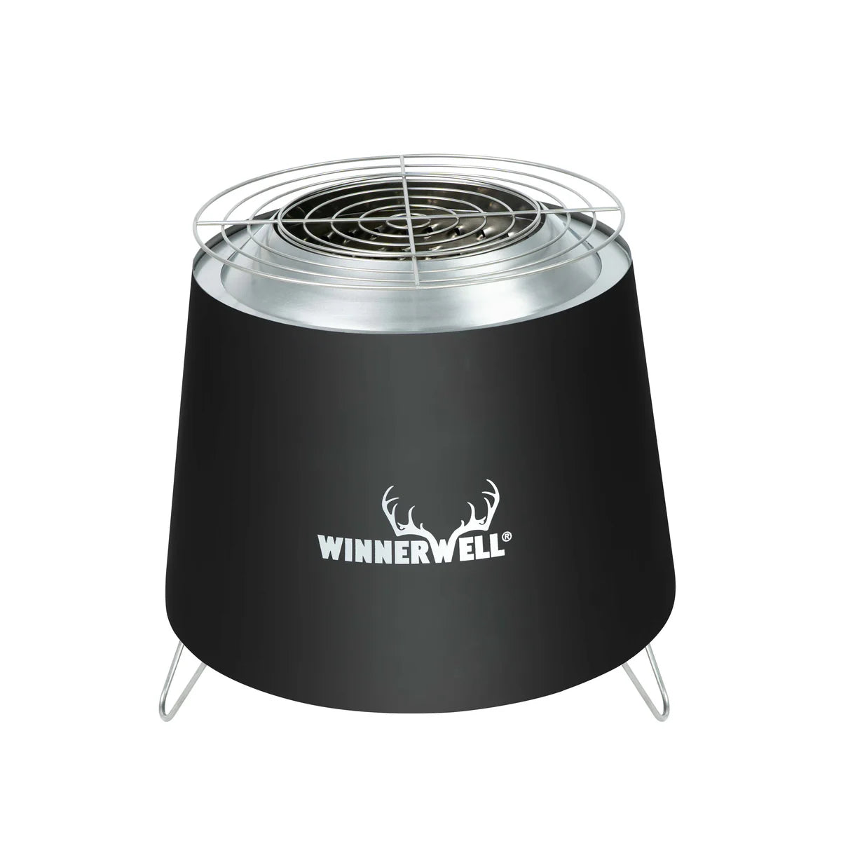 low smoke fire pit with cooking grill on white background