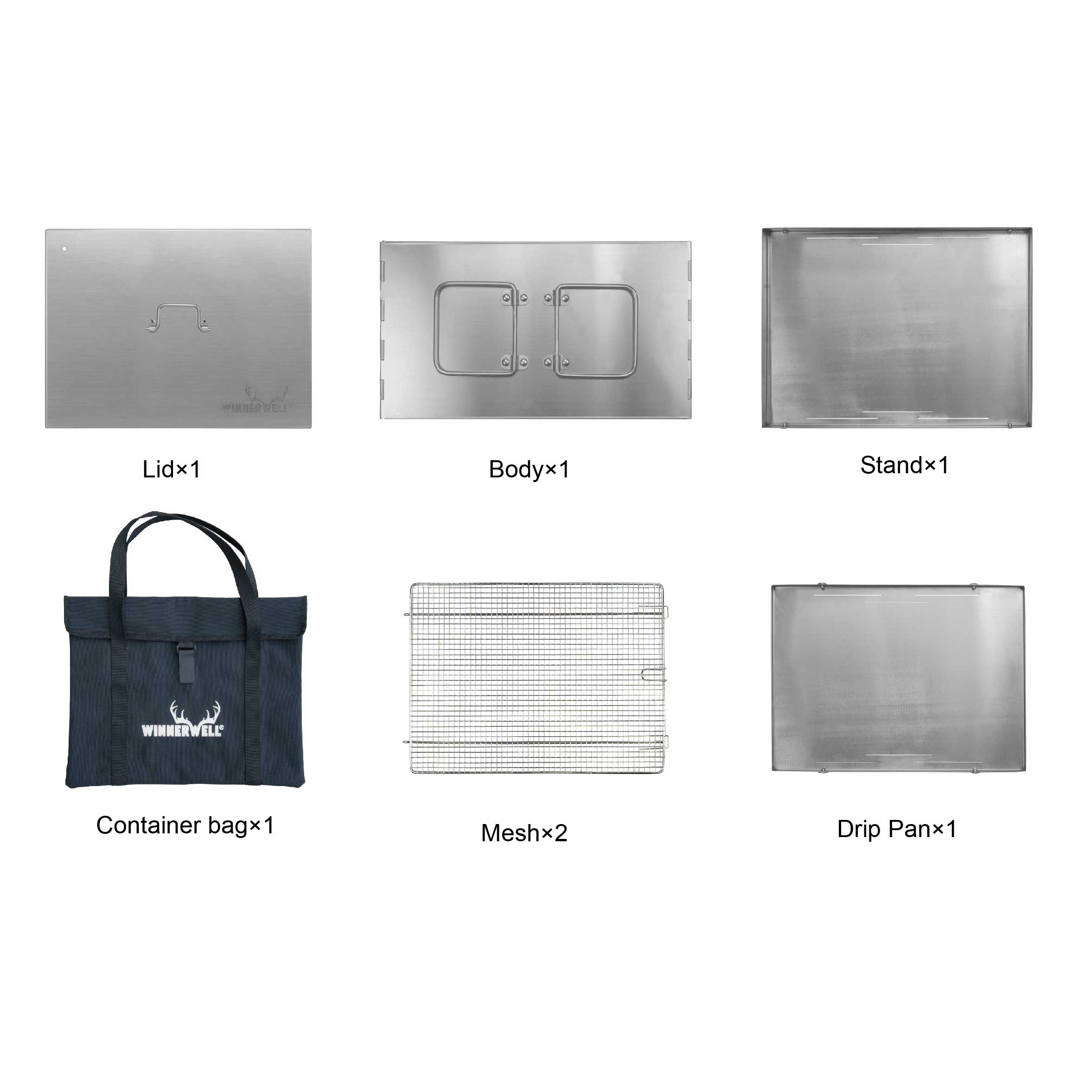 Winnerwell Flat Smoker full accessories set — portable camping smoker with lid, mesh, stand and drip pan